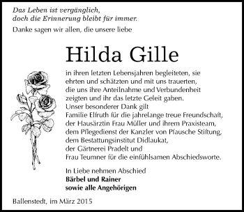 Traueranzeige von Hilda Gille von Mitteldeutsche Zeitung Quedlinburg
