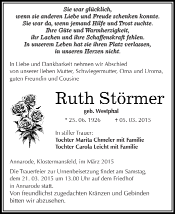 Traueranzeige von Ruth Störmer von Wochenspiegel Mansfelder Land