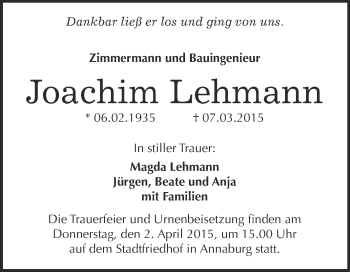 Traueranzeige von Joachim Lehmann von Super Sonntag Wittenberg