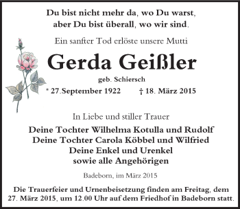 Traueranzeige von Gerda Geißler von Mitteldeutsche Zeitung Quedlinburg