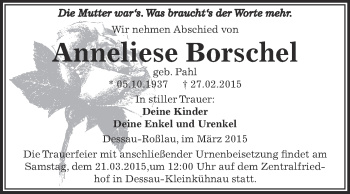 Traueranzeige von Anneliese Borschel von WVG - Wochenspiegel Dessau / Köthen