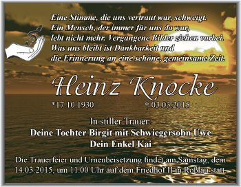 Traueranzeige von Heinz Knocke von WVG - Wochenspiegel Dessau / Köthen