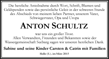 Traueranzeige von Anton Schultz von Mitteldeutsche Zeitung Halle/Saalkreis