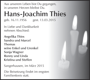 Traueranzeige von Hans-Joachim Thies von Super Sonntag SGH Mansf. Land