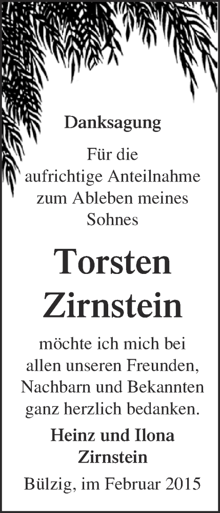  Traueranzeige für Torsten Zirnstein vom 01.03.2015 aus Super Sonntag Wittenberg