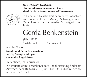 Traueranzeige von Gerda Benkenstein von Super Sonntag SGH Mansf. Land