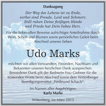Traueranzeige von Udo Marks von WVG - Wochenspiegel Wittenberg