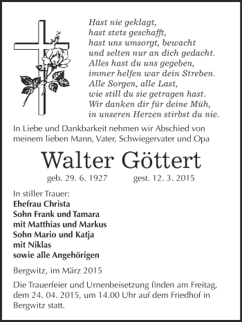Traueranzeige von Walter Göttert von WVG - Wochenspiegel Wittenberg