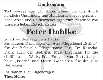 Traueranzeige von Peter Dahlke von WVG - Wochenspiegel Dessau / Köthen