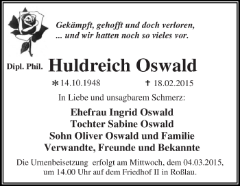 Traueranzeige von Huldreich Oswald von WVG - Wochenspiegel Dessau / Köthen