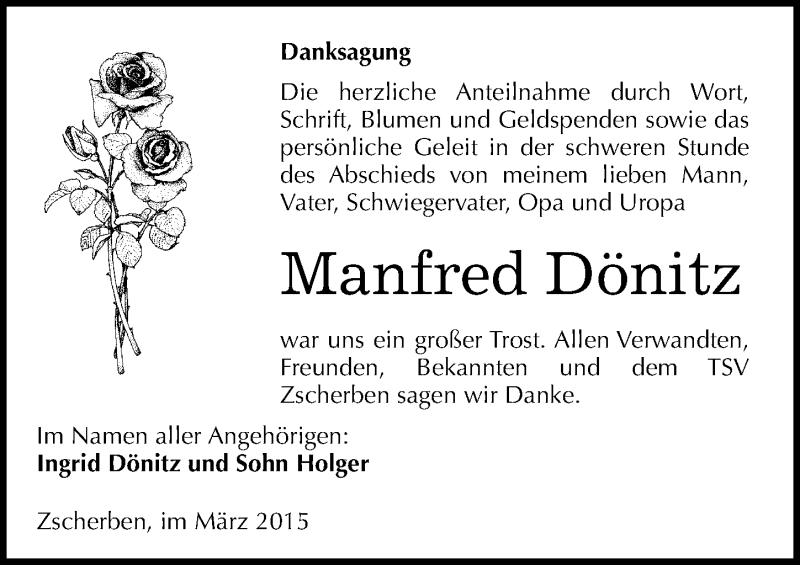  Traueranzeige für Manfred Dönitz vom 21.03.2015 aus Mitteldeutsche Zeitung Halle/Saalkreis