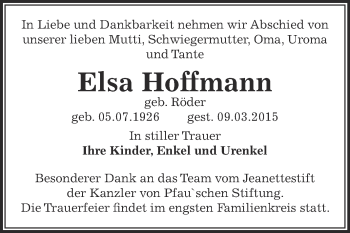 Traueranzeige von Elsa Hoffmann von Super Sonntag Bernburg