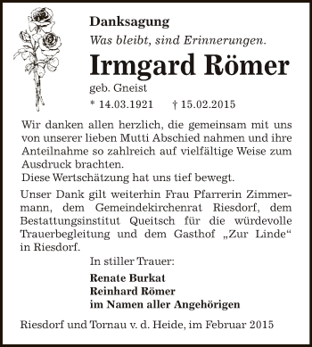 Traueranzeige von Irmgard Römer von WVG - Wochenspiegel Dessau / Köthen