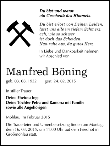 Traueranzeige von Manfred Böning von WVG - Wochenspiegel Wittenberg