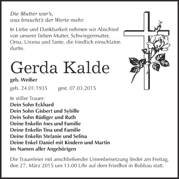 Traueranzeige von Gerda Kalde von WVG - Wochenspiegel Bitterfeld
