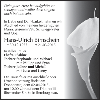 Traueranzeige von Hans-Ulrich Birnschein von Super Sonntag Bernburg