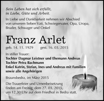 Traueranzeige von Franz Arlet von Mitteldeutsche Zeitung Merseburg/Querfurt