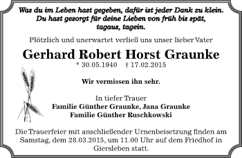 Traueranzeige von Gerhard Robert Horst Graunke von Mitteldeutsche Zeitung Aschersleben