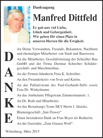 Traueranzeige von Manfred Dittfeld von Super Sonntag Wittenberg