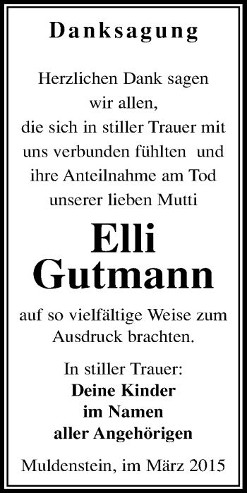 Traueranzeige von Elli Gutmann von Mitteldeutsche Zeitung Bitterfeld