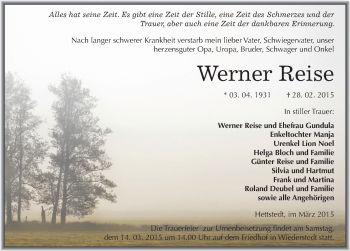 Traueranzeige von Werner Reise von Mitteldeutsche Zeitung Mansfelder Land