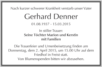 Traueranzeige von Gerhard Denner von Wochenspiegel Mansfelder Land
