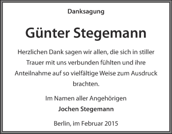 Traueranzeige von Günter Stegemann von Super Sonntag Wittenberg