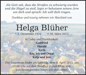 Traueranzeige von Helga Blüher von Mitteldeutsche Zeitung Naumburg/Nebra