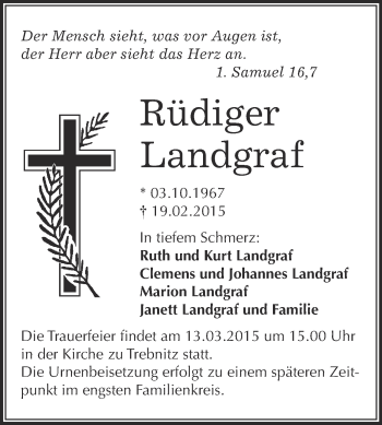 Traueranzeige von Rüdiger Landgraf von WVG - Wochenspiegel NMB / WSF / ZTZ