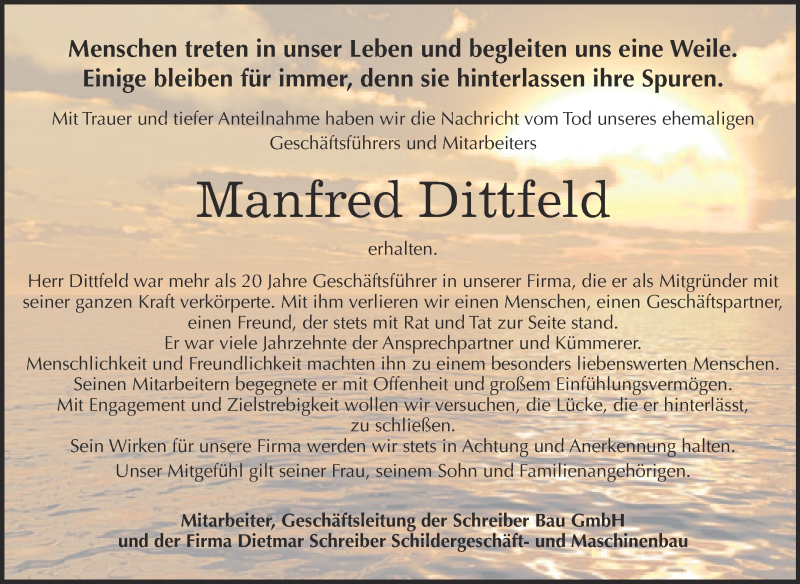  Traueranzeige für Manfred Dittfeld vom 01.03.2015 aus Super Sonntag Wittenberg