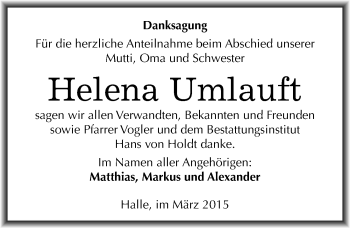 Traueranzeige von Helena Umlauft von Mitteldeutsche Zeitung Halle/Saalkreis