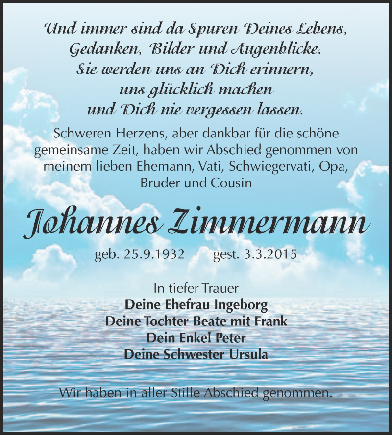  Traueranzeige für Johannes Zimmermann vom 11.03.2015 aus WVG - Wochenspiegel NMB / WSF / ZTZ