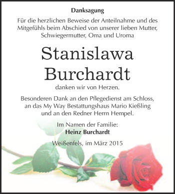 Traueranzeige von Stanislawa Burchardt von Super Sonntag Merseburg