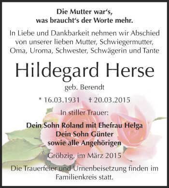 Traueranzeige von Hildegard Herse von WVG - Wochenspiegel Dessau / Köthen