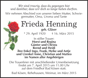 Traueranzeige von Frieda Henning von WVG - Wochenspiegel NMB / WSF / ZTZ