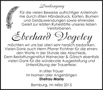 Traueranzeige von Eberhard Vogeley von Mitteldeutsche Zeitung Bernburg