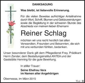 Traueranzeige von Reiner Schlag von Mitteldeutsche Zeitung Weißenfels