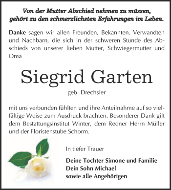 Traueranzeige von Siegrid Garten von WVG - Wochenspiegel Bitterfeld