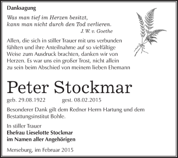 Traueranzeige von Peter Stockmar von WVG - Wochenspiegel Merseburg