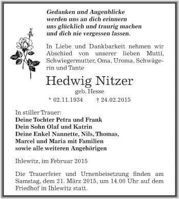 Traueranzeige von Hedwig Nitzer von Wochenspiegel Mansfelder Land