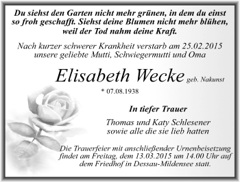 Traueranzeige von Elisabeth Wecke von Mitteldeutsche Zeitung Dessau-Roßlau
