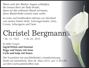Traueranzeige von Christel Bergmann von Mitteldeutsche Zeitung Halle/Saalkreis