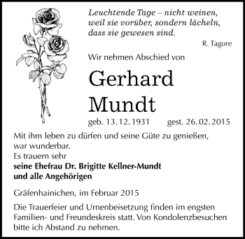 Traueranzeige von Gerhard Mundt von Mitteldeutsche Zeitung Wittenberg