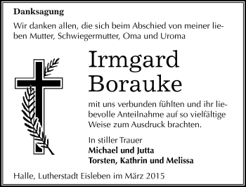 Traueranzeige von Irmgard Borauke von Mitteldeutsche Zeitung Mansfelder Land