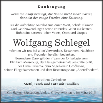 Traueranzeige von Wolfgang Schlegel von WVG - Wochenspiegel Merseburg
