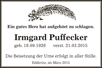 Traueranzeige von Irmgard Puffecker von WVG - Wochenspiegel Dessau / Köthen