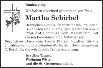 Traueranzeige von Martha Schirbel von WVG - Wochenspiegel Dessau / Köthen