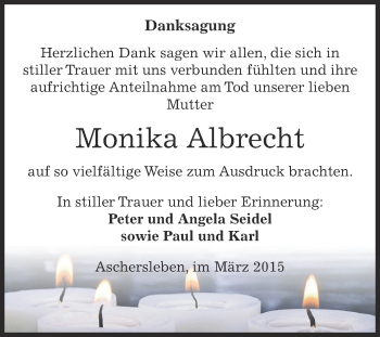 Traueranzeige von Monika Albrecht von Super Sonntag Aschersleben