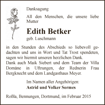 Traueranzeige von Edith Betker von Super Sonntag SGH Mansf. Land