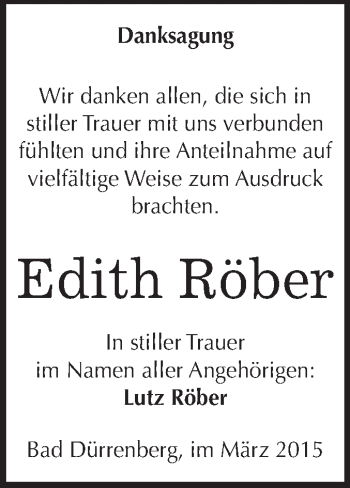 Traueranzeige von Edith Röber von WVG - Wochenspiegel Merseburg